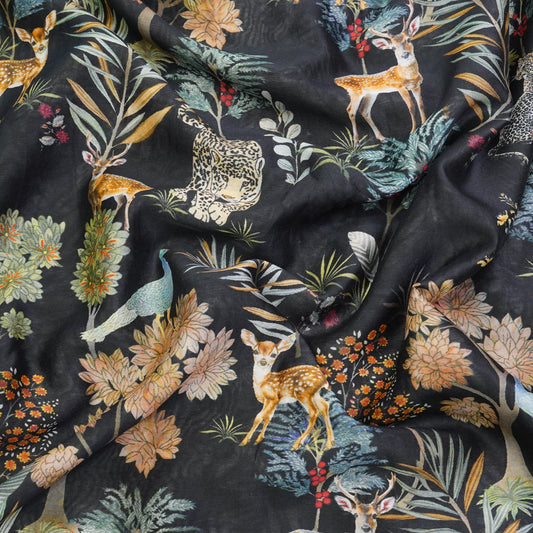 Black Floral & Wildlife Printed Fabric.