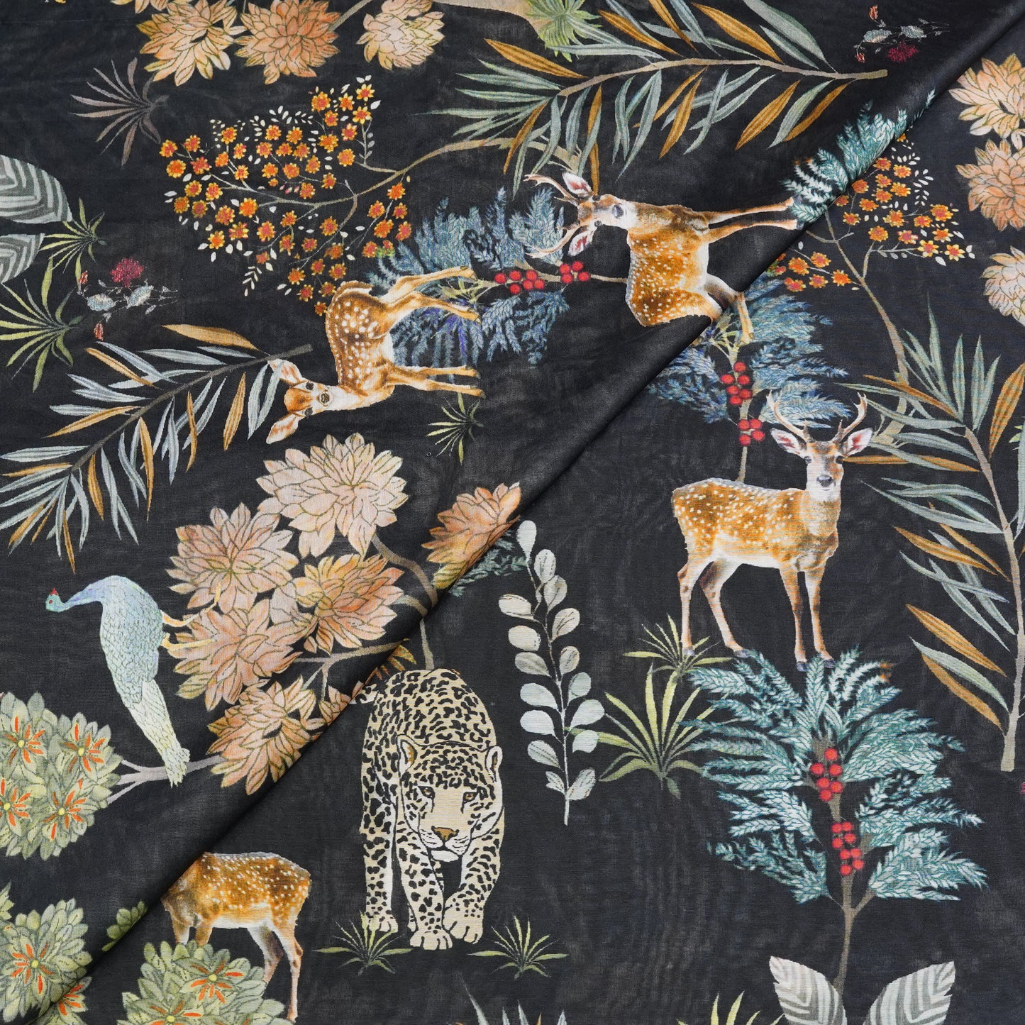 Black Floral & Wildlife Printed Fabric.