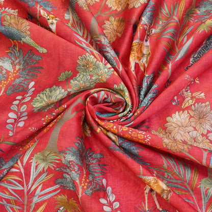 Coral Red Floral & Wildlife Printed Fabric