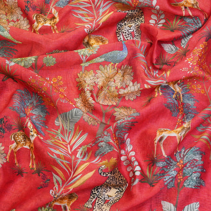 Coral Red Floral & Wildlife Printed Fabric
