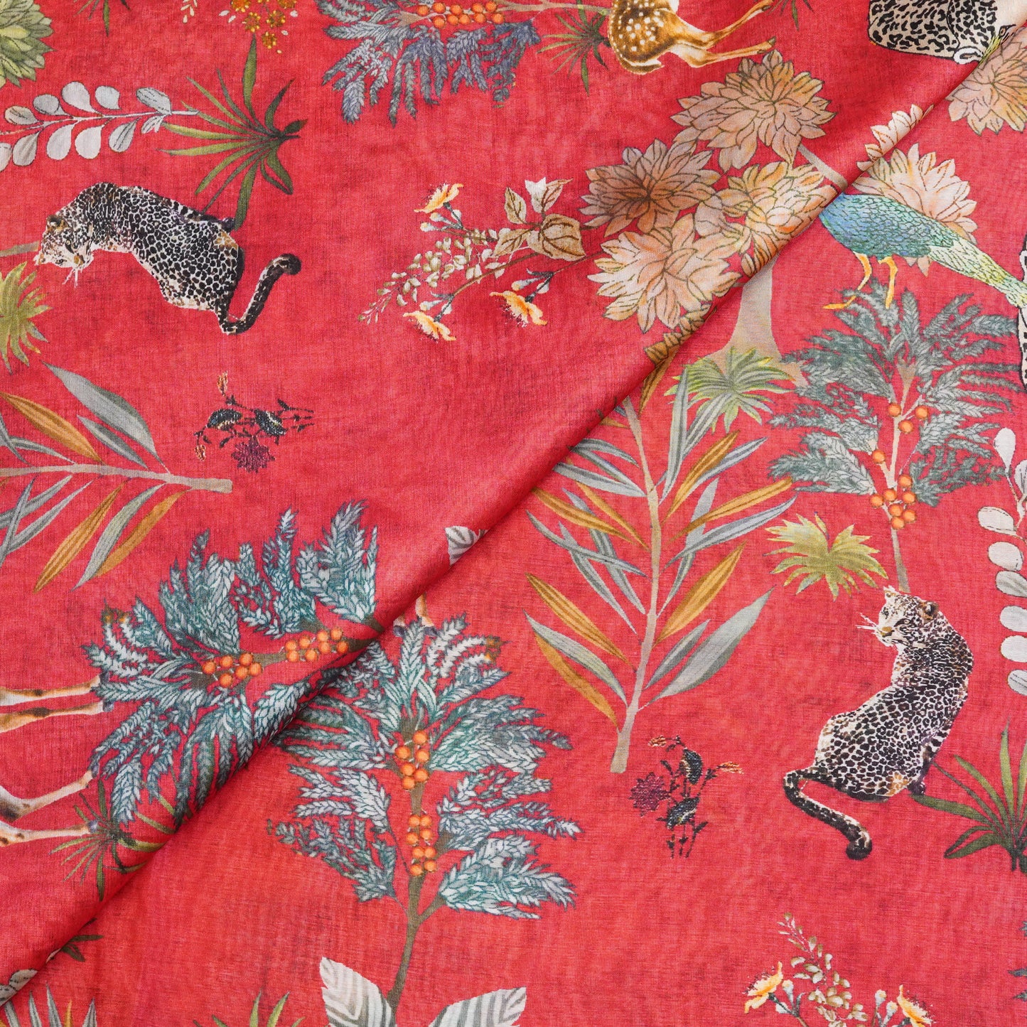 Coral Red Floral & Wildlife Printed Fabric