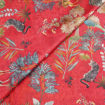 Coral Red Floral & Wildlife Printed Fabric