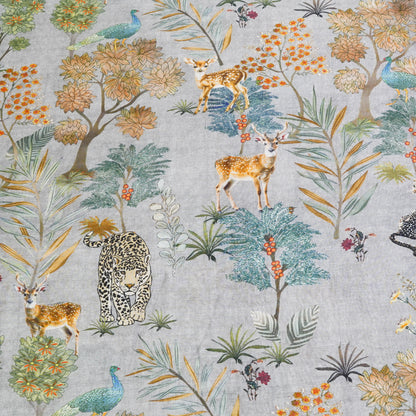 Ice Grey Floral & Wildlife Printed Banarasi Fabric