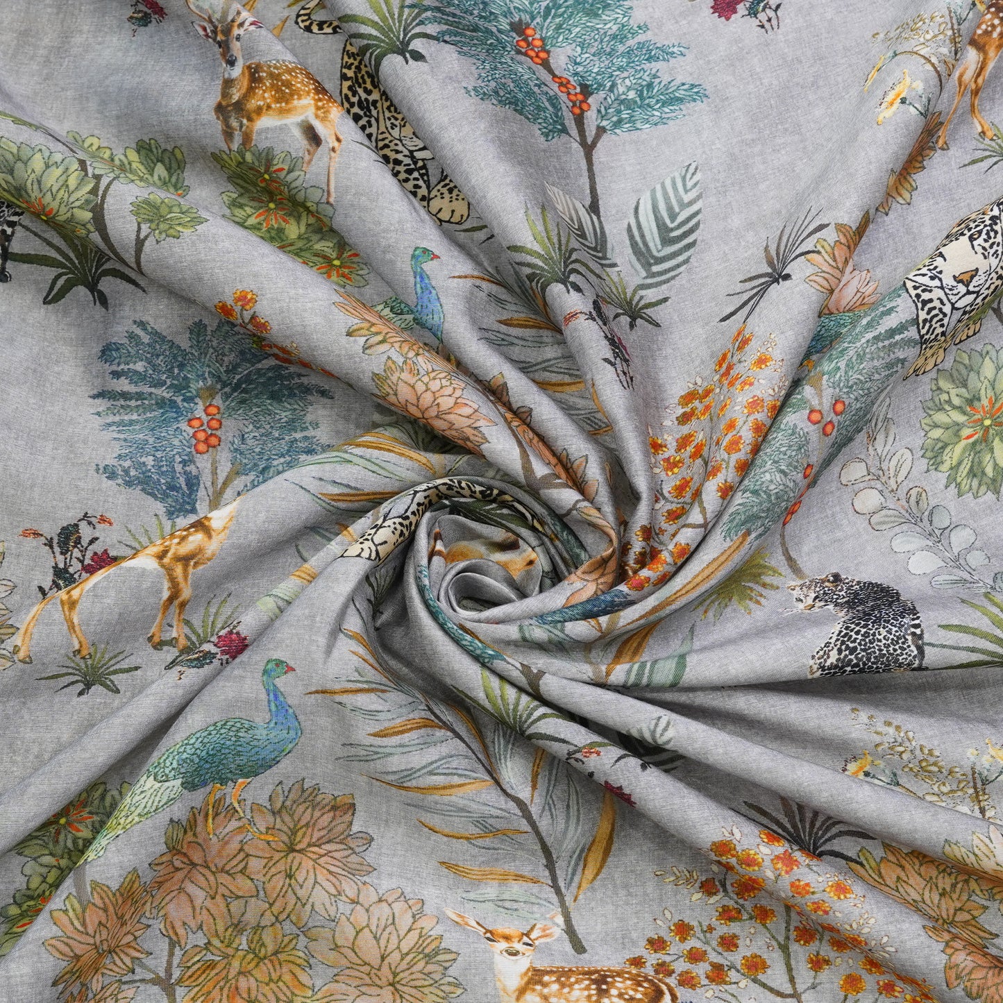 Ice Grey Floral & Wildlife Printed Banarasi Fabric