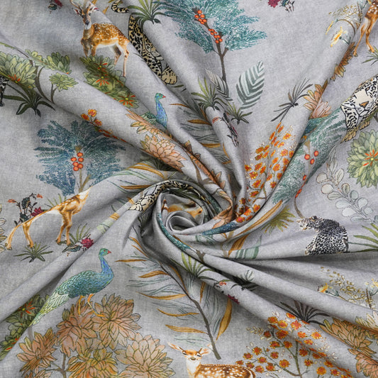 Ice Grey Floral & Wildlife Printed Banarasi Fabric