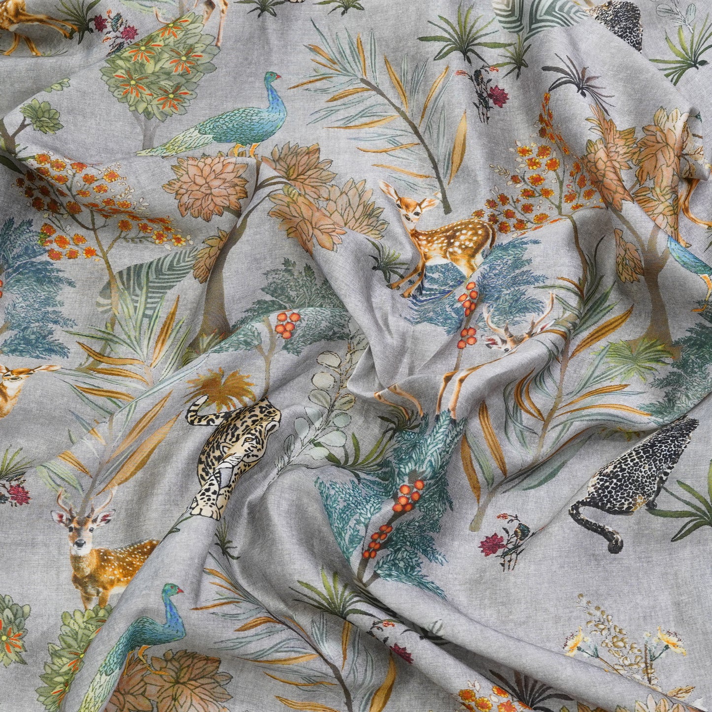 Ice Grey Floral & Wildlife Printed Banarasi Fabric