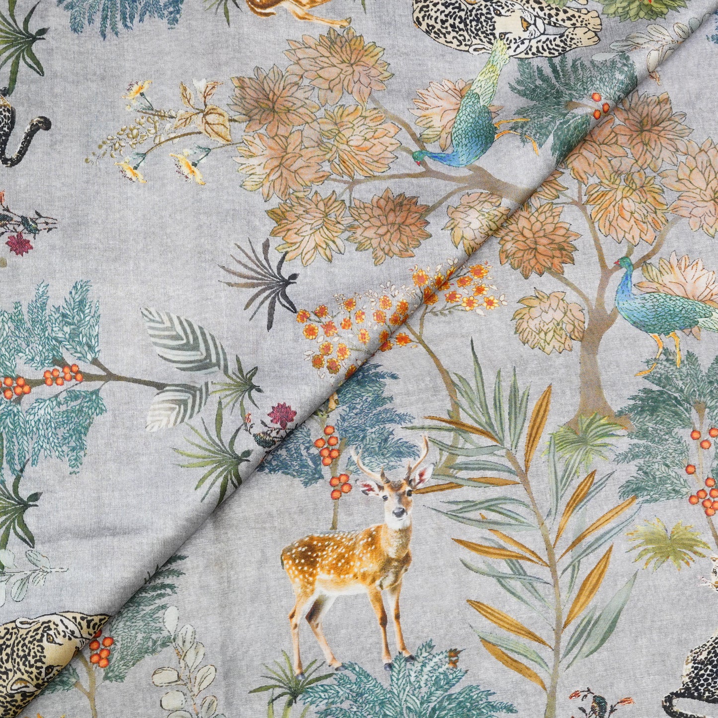 Ice Grey Floral & Wildlife Printed Banarasi Fabric