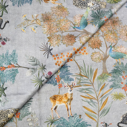 Ice Grey Floral & Wildlife Printed Banarasi Fabric