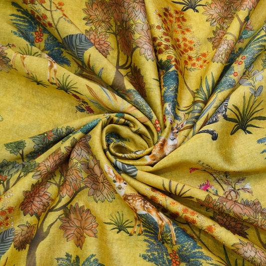 Mustard Yellow Floral & Wildlife Printed Fabric.