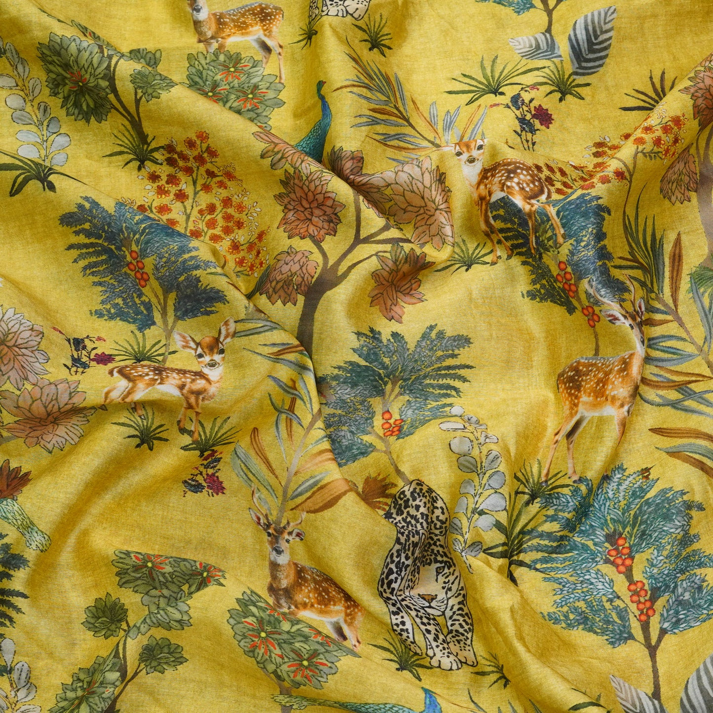 Mustard Yellow Floral & Wildlife Printed Fabric.