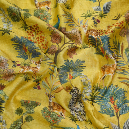 Mustard Yellow Floral & Wildlife Printed Fabric.
