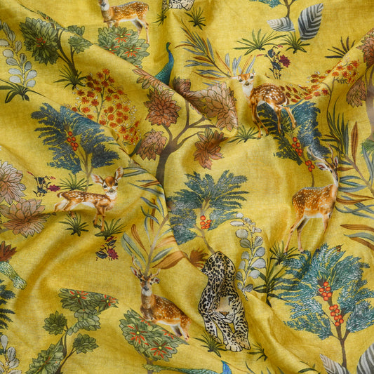 Mustard Yellow Floral & Wildlife Printed Fabric.