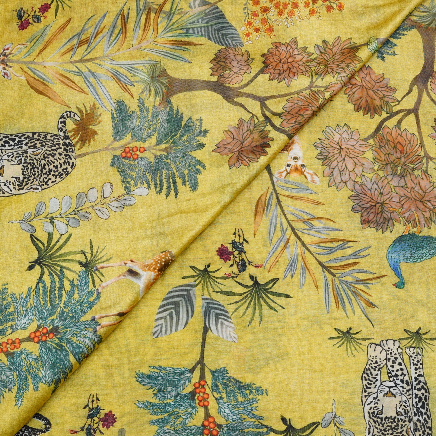 Mustard Yellow Floral & Wildlife Printed Fabric.