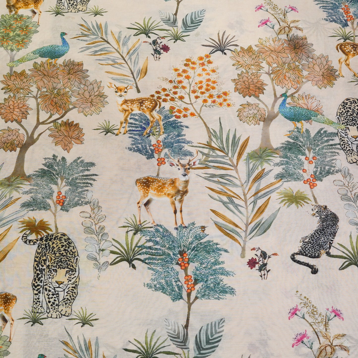 Ivory Floral & Wildlife Chanderi Printed Fabric.