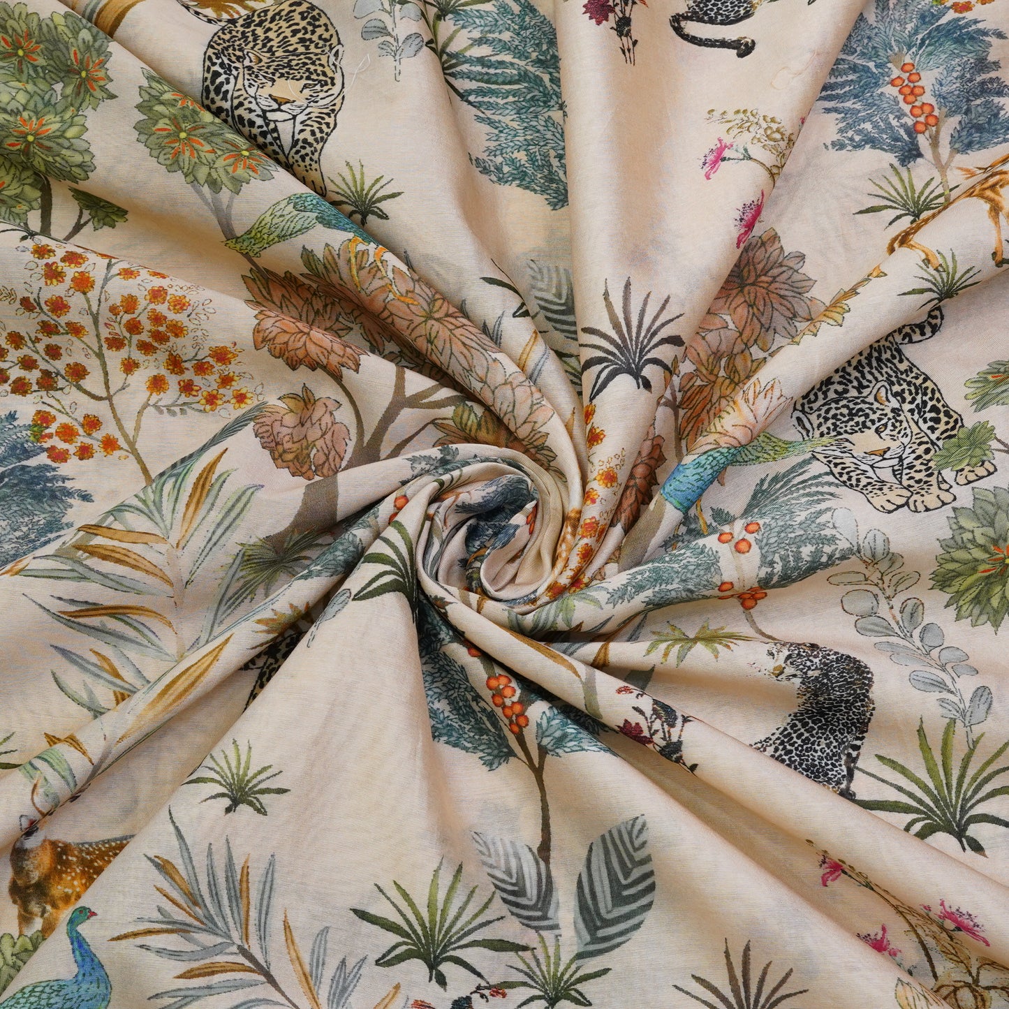 Ivory Floral & Wildlife Chanderi Printed Fabric.