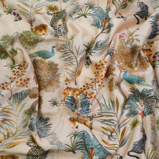 Ivory Floral & Wildlife Chanderi Printed Fabric.