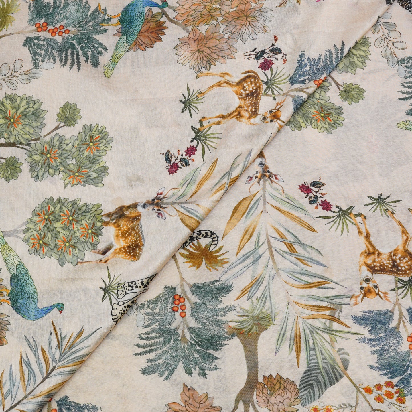 Ivory Floral & Wildlife Chanderi Printed Fabric.