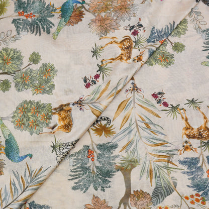 Ivory Floral & Wildlife Chanderi Printed Fabric.