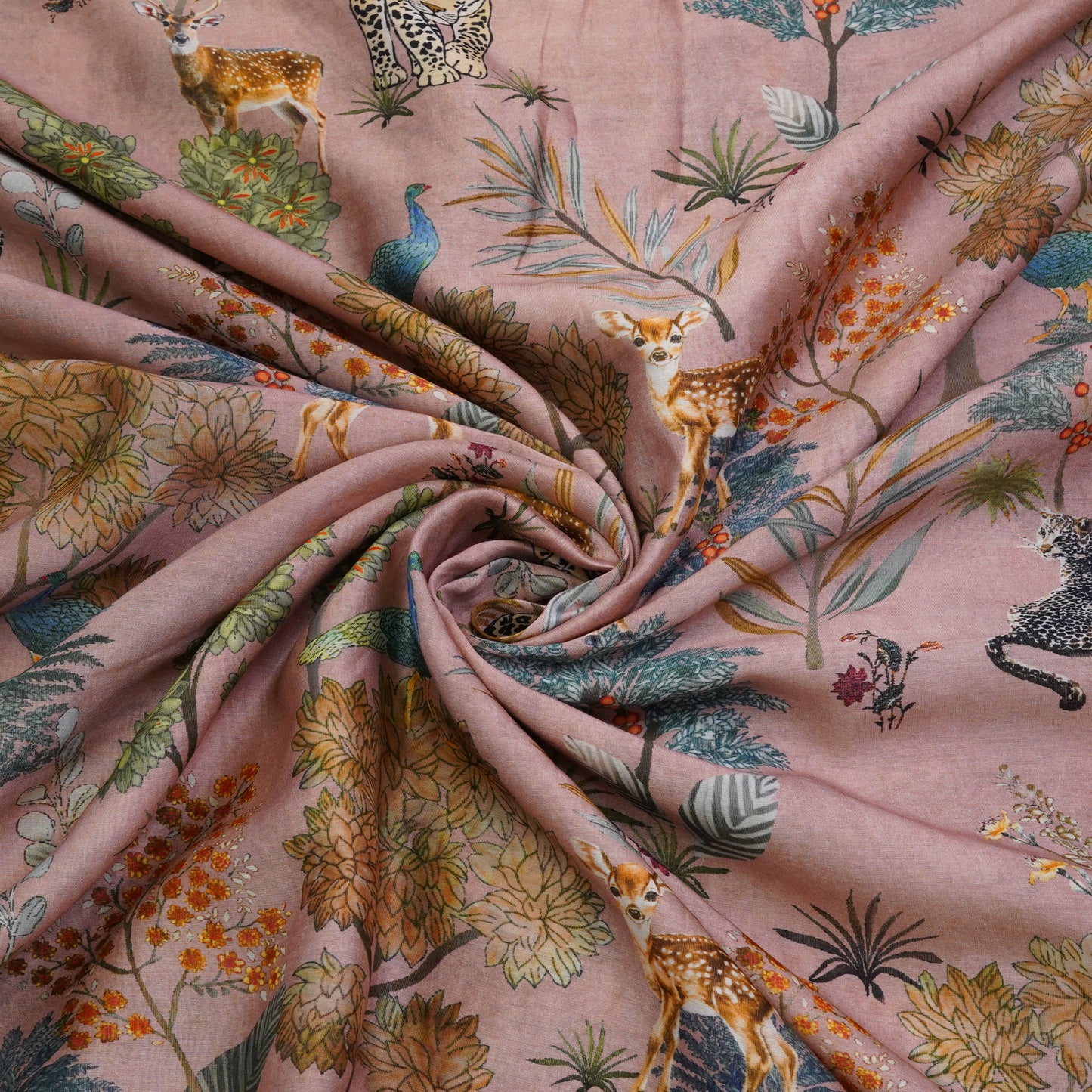 Dusty Pink Floral & Wildlife Printed Chanderi Fabric.