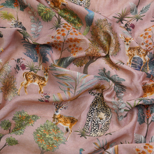 Dusty Pink Floral & Wildlife Printed Chanderi Fabric.