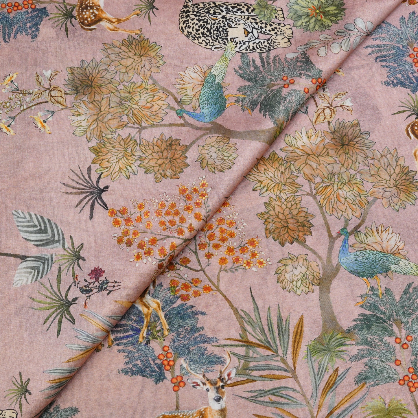 Dusty Pink Floral & Wildlife Printed Chanderi Fabric.
