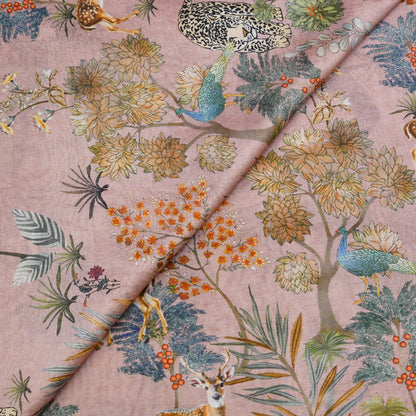 Dusty Pink Floral & Wildlife Printed Chanderi Fabric.