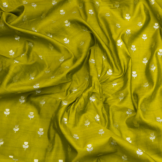 Premium Mustard Green Floral Butti Fabric.