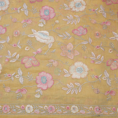 Mustard Floral Embroidered Organza Fabric