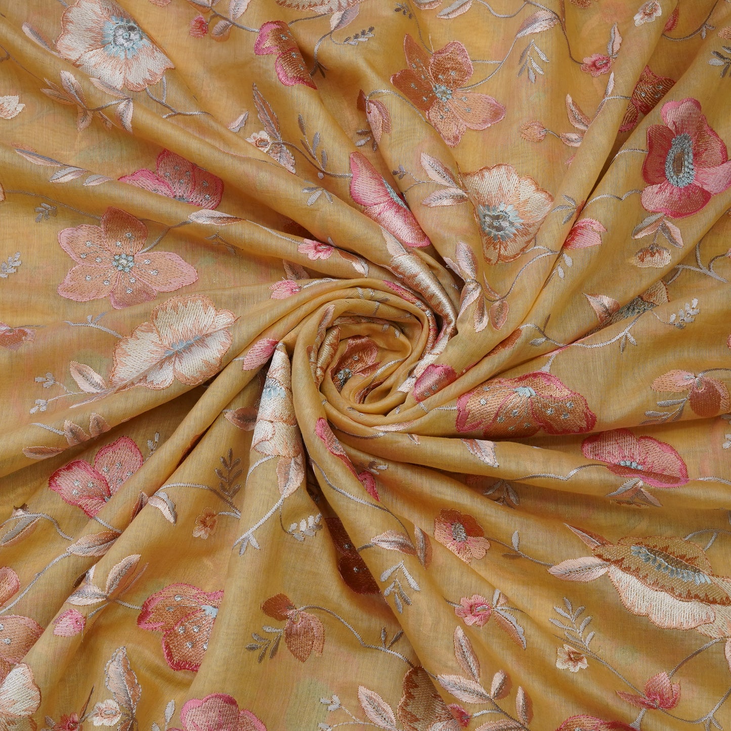Mustard Floral Embroidered Organza Fabric