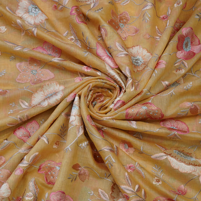 Mustard Floral Embroidered Organza Fabric