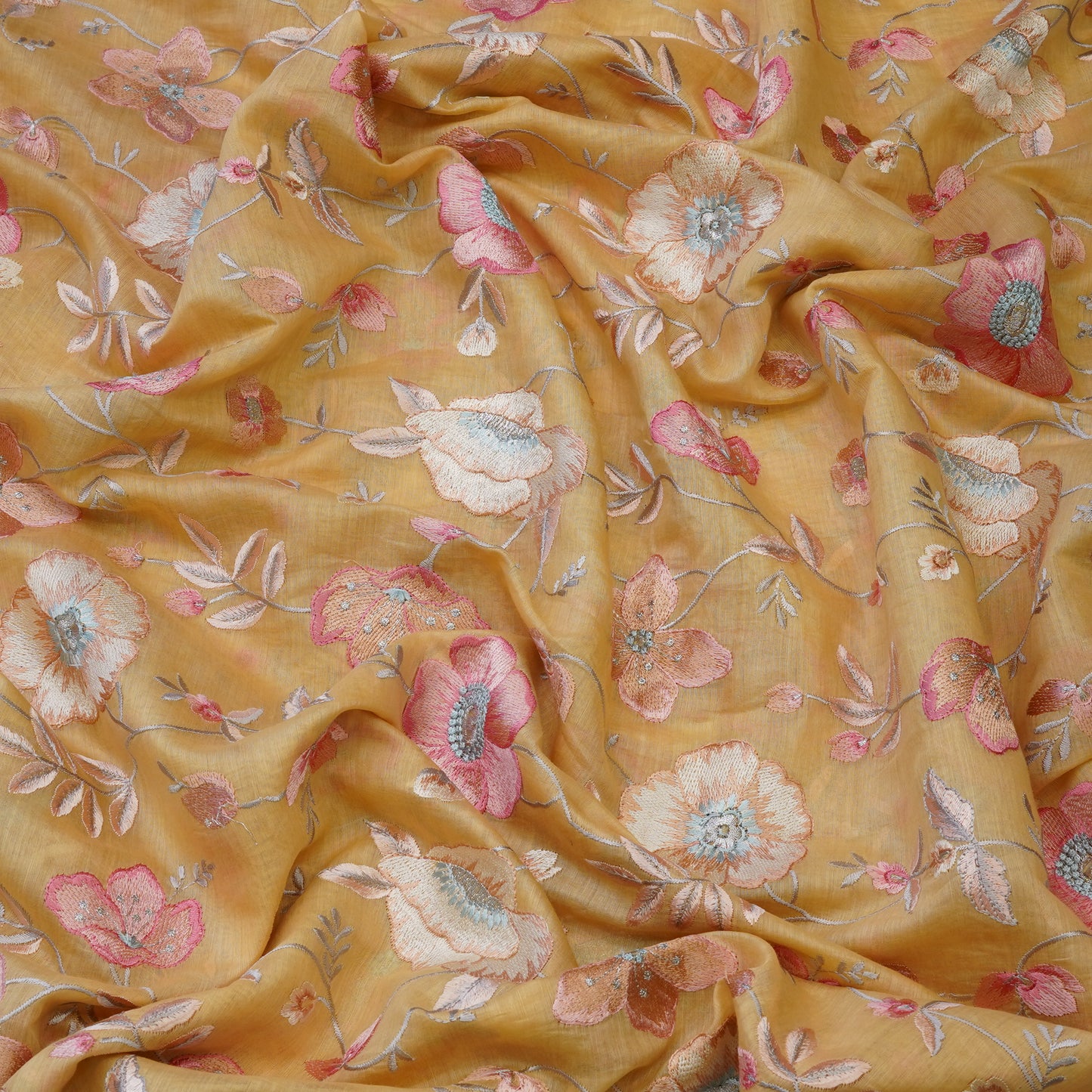 Mustard Floral Embroidered Organza Fabric