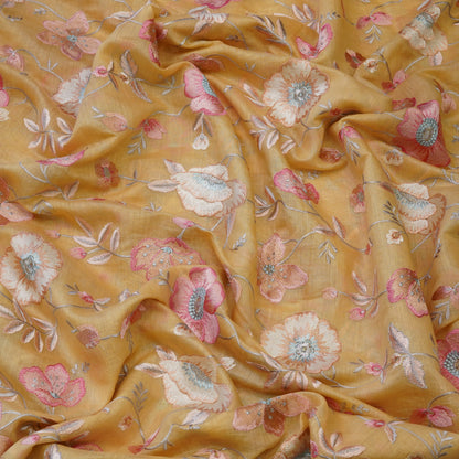 Mustard Floral Embroidered Organza Fabric