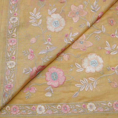 Mustard Floral Embroidered Organza Fabric