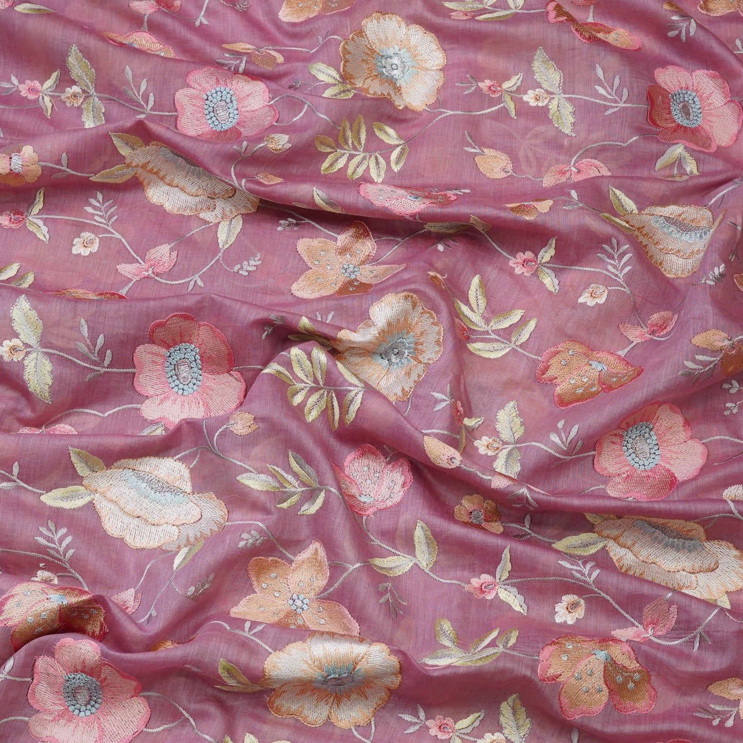 Dusty Pink Floral Embroidered Mul chanderi .