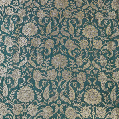 Teal Blue Floral Jacquard Banarasi Fabric