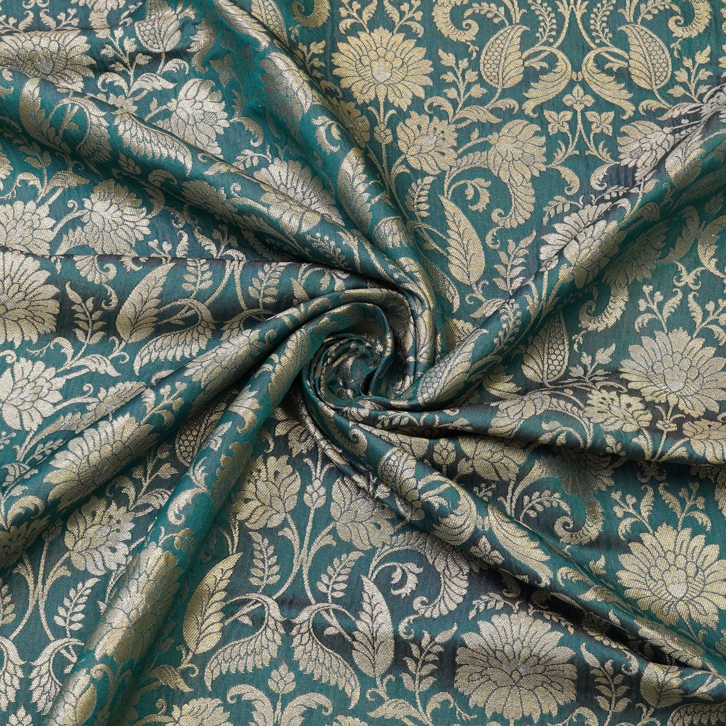 Teal Blue Floral Jacquard Banarasi Fabric