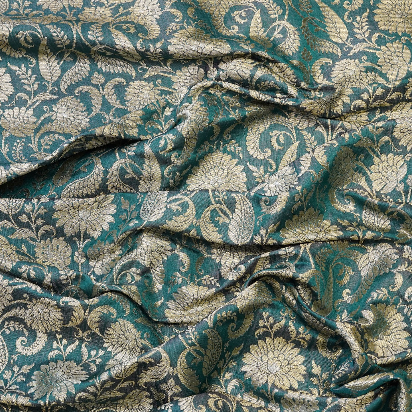 Teal Blue Floral Jacquard Banarasi Fabric