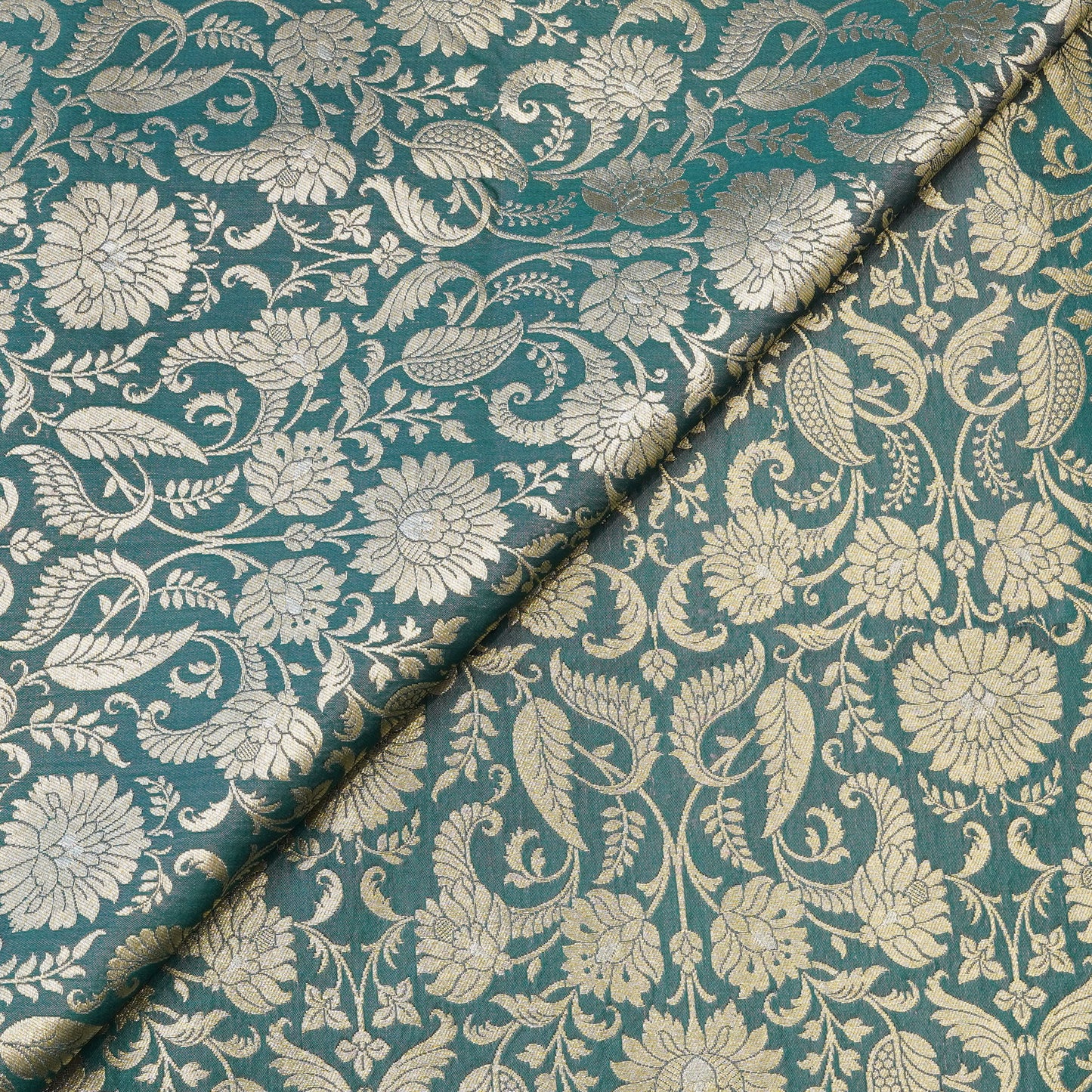 Teal Blue Floral Jacquard Banarasi Fabric