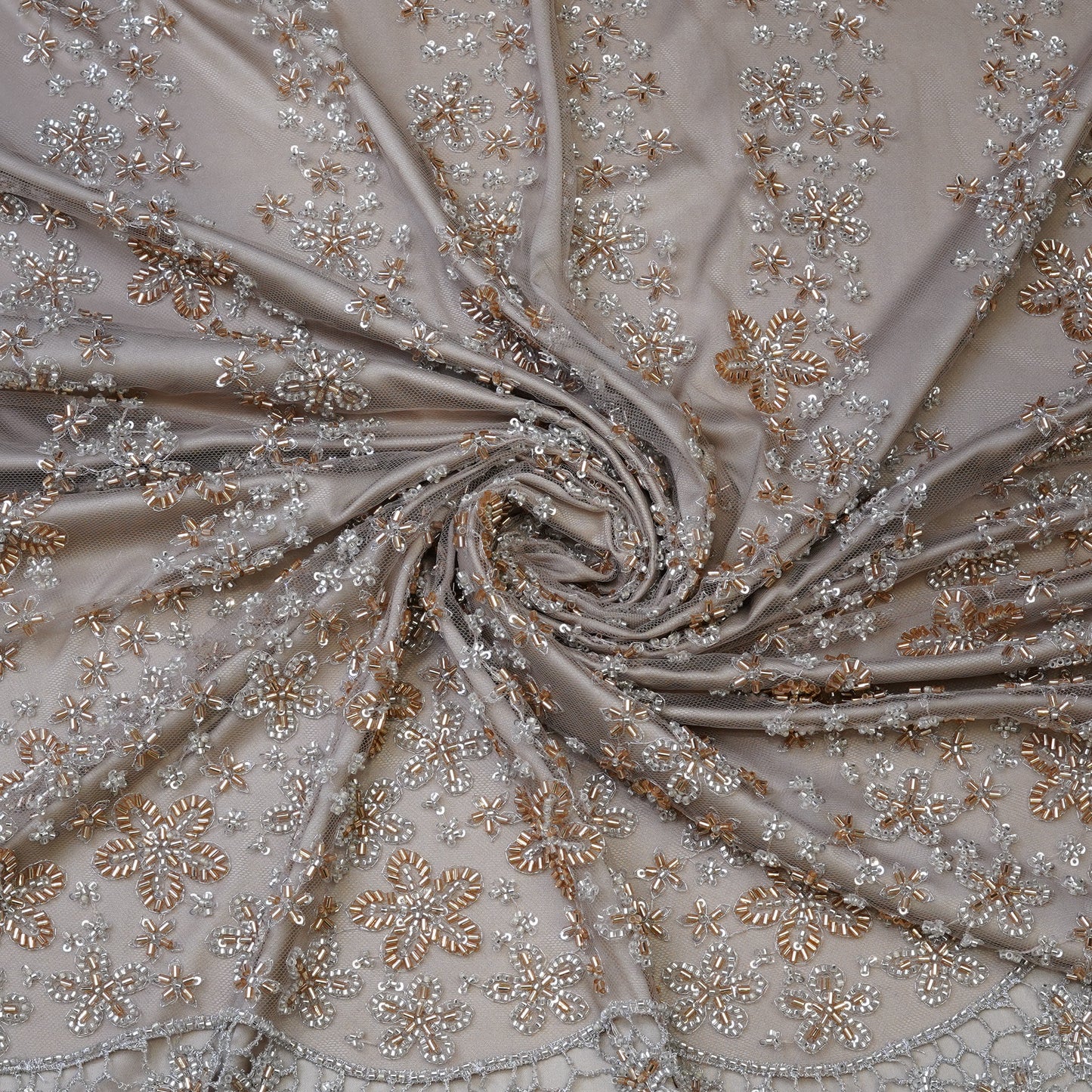 Premium Silver & Rose Gold Floral Embroidered Fabric.