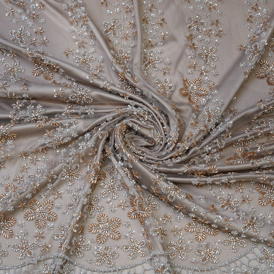 Premium Silver & Rose Gold Floral Embroidered Fabric.