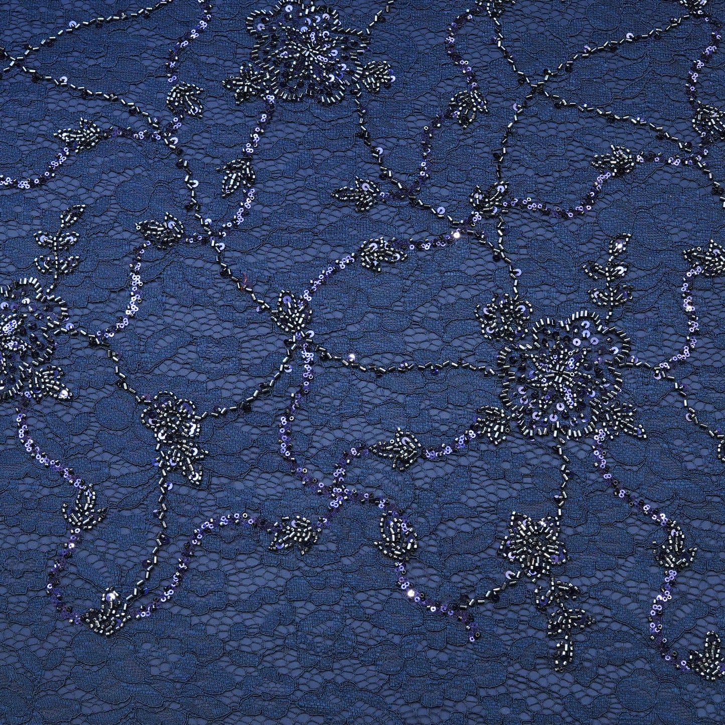 Navy Blue Lace Embroidered Sequin Fabric.