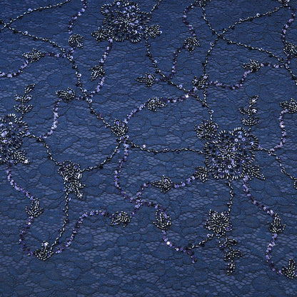 Navy Blue Lace Embroidered Sequin Fabric.