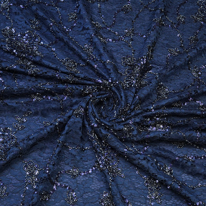 Navy Blue Lace Embroidered Sequin Fabric.