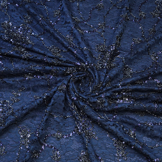 Navy Blue Lace Embroidered Sequin Fabric.