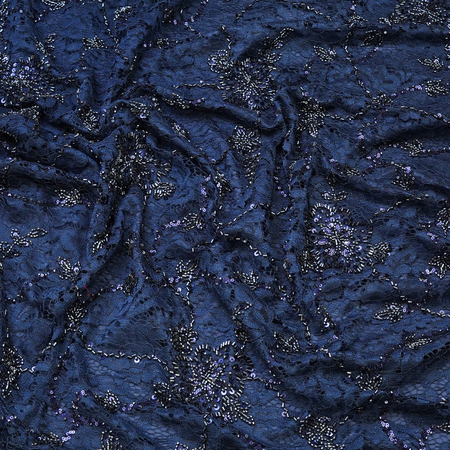 Navy Blue Lace Embroidered Sequin Fabric.
