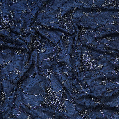 Navy Blue Lace Embroidered Sequin Fabric.