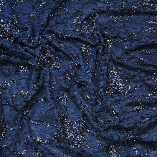 Navy Blue Lace Embroidered Sequin Fabric.
