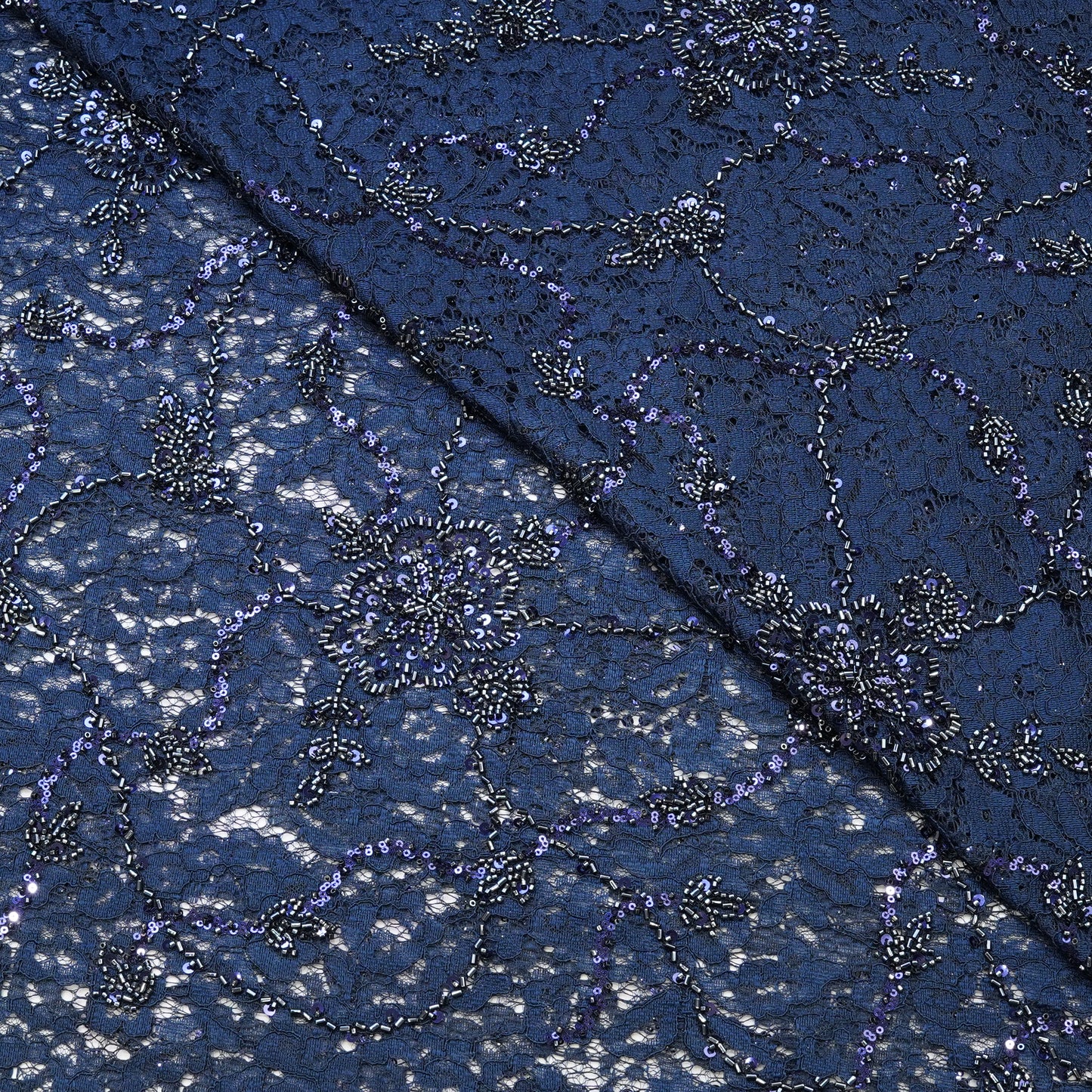 Navy Blue Lace Embroidered Sequin Fabric.