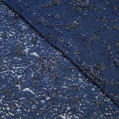 Navy Blue Lace Embroidered Sequin Fabric.