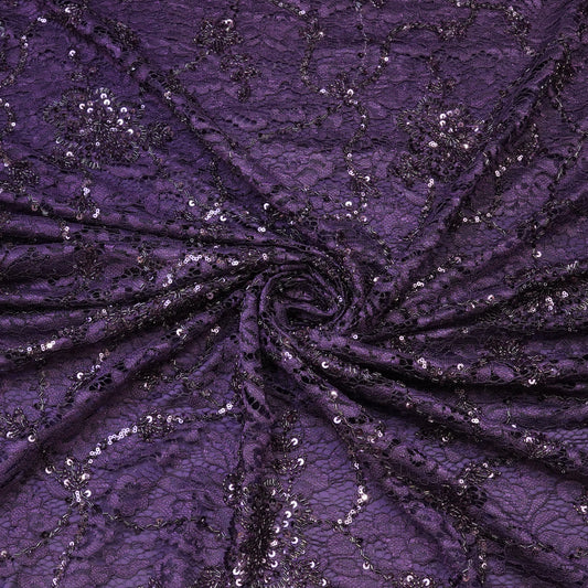 Royal Purple Lace Sequin Embroidered Fabric.